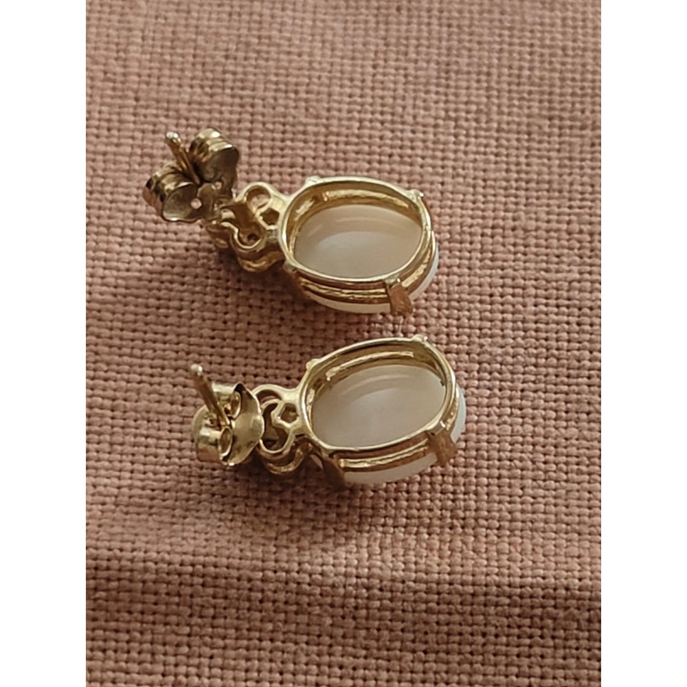 14k Yellow Gold Oval Opal and Diamond Accent Drop Earrings Vintage Style - Picture 3 of 6